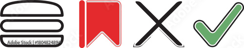 Collection of Icons: Burger, Bookmark, Cross, Checkmark