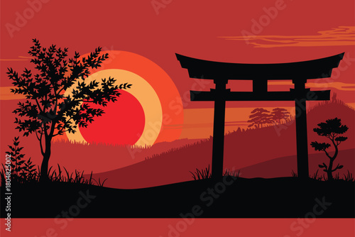 Japanese landscape with torii gate tree and rising sun silhouette illustration