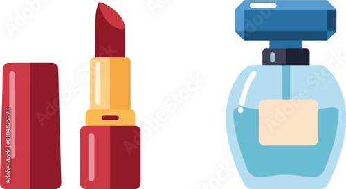 Stylish red lipstick and elegant blue perfume bottle on white background