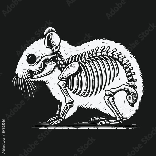 Anatomical illustration of a hamster skeleton in a vintage engraving style.