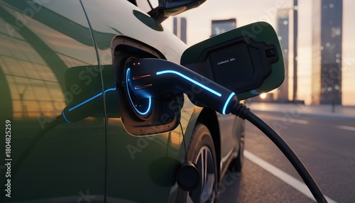 A sleek electric car charging under soft golden sunset light with blurred bokeh highlights, symbolizing sustainable lifestyle, innovation and green transportation.