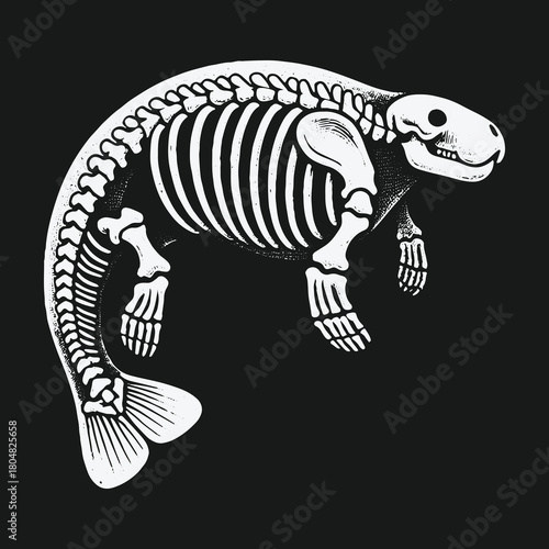 Anatomical illustration of a manatee skeleton on a dark background.