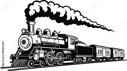 Steam locomotive, vintage train, black silhouette, passenger cars, railway illustration, transportation icon, smoke stack, vector graphic, retro engine, clipart
