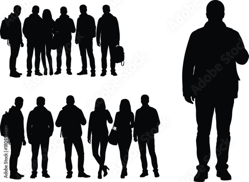 Set of black silhouettes, groups of students with backpacks standing together and single man, isolated on white background.