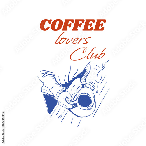 A woman at a cafe table with a cup of coffee. Minimalistic drawing for a t-shirt print. Ink sketch for a cafe menu, restaurant, or coffee shop branding. Hand-drawn vector illustration. Isolated.