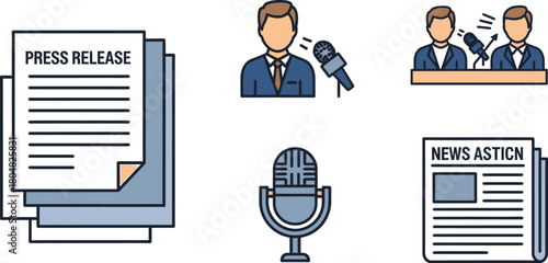 Collection of icons representing news, press releases, and public speaking events