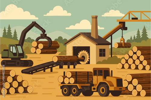 Logging Operation and Timber Processing Industrial Scene