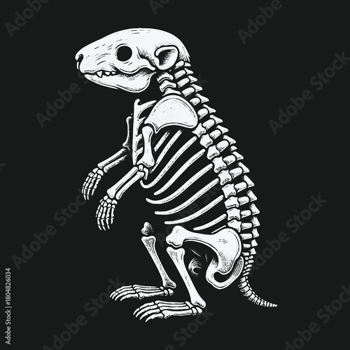 Vintage style anatomical illustration of a standing rat skeleton.