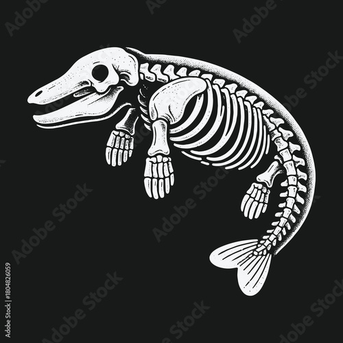 Monochrome vector illustration of a manatee skeleton on a dark background.