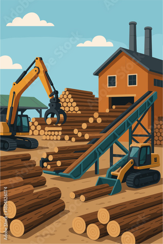 Logging Industry and Lumber Processing Illustration