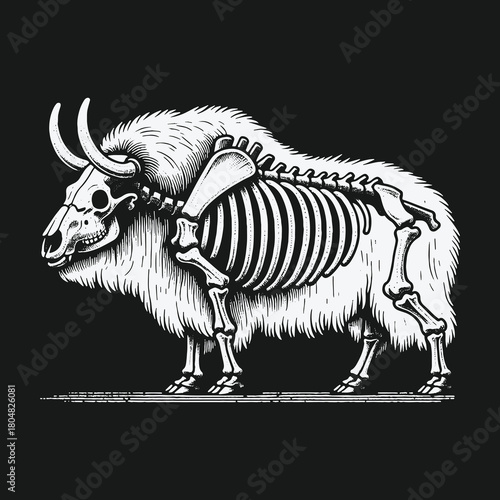 Gothic anatomical illustration of a yak with a visible skeleton.