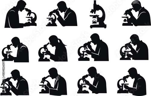 Scientist using microscope silhouette, research observation pose, black icon design, laboratory study figure, isolated science illustration, educational analysis graphic