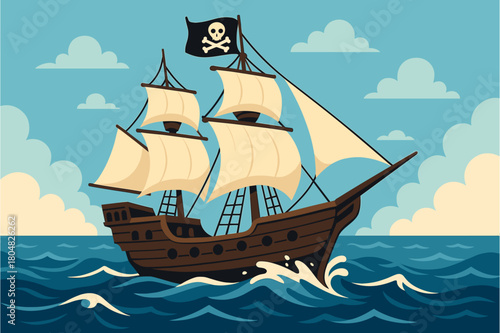 Pirate Ship Sailing on the Ocean Illustration