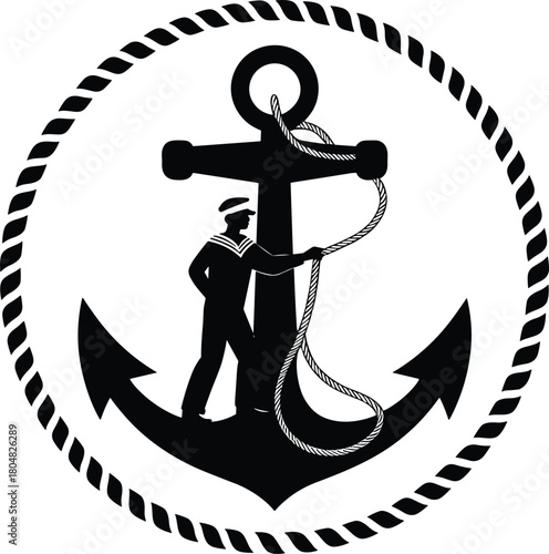 Monochrome graphic of sailor pulling rope attached to a ship anchor