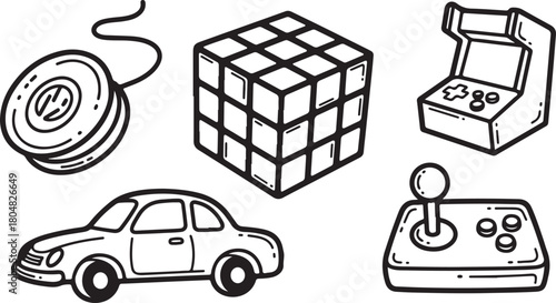 Retro Toys and Classic Gaming Icons – Detailed Vintage Playtime Illustration Set