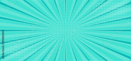Turquoise manga comic book style background with a radial sunburst pattern and halftone dots