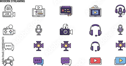 Collection of modern streaming and gaming icons for digital content creation