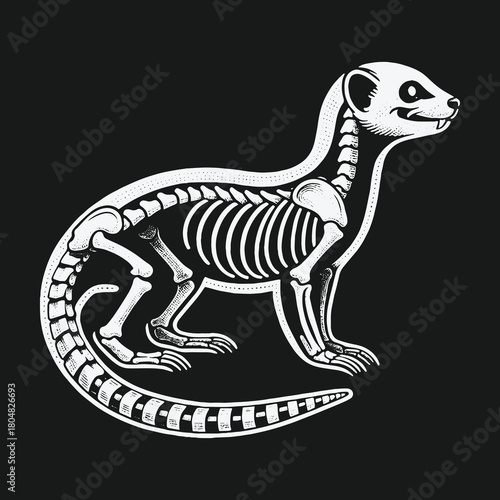 Weasel skeleton anatomical vector illustration on a black background.