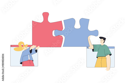 Jigsaw Puzzle with Man and Woman Connecting Element Together Vector Illustration