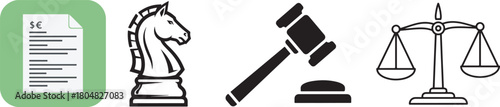 Flat Icons of Financial Document, Chess Piece, Gavel, and Scales
