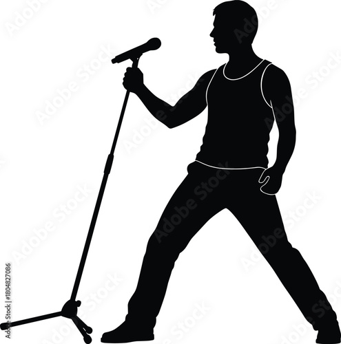 Black silhouette of a male rock singer holding a microphone stand, isolated vector illustration on white background.