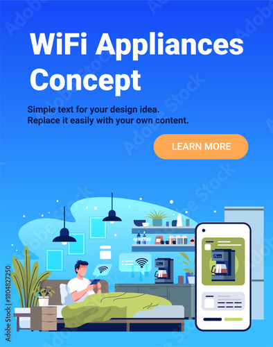 WiFi appliances concept smart home automation man controls coffee maker with smartphone modern bedroom interior mobile interface blue background