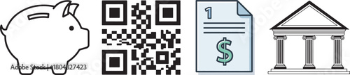Line Art Piggy Bank, QR Codes, Paper, and Classical Building