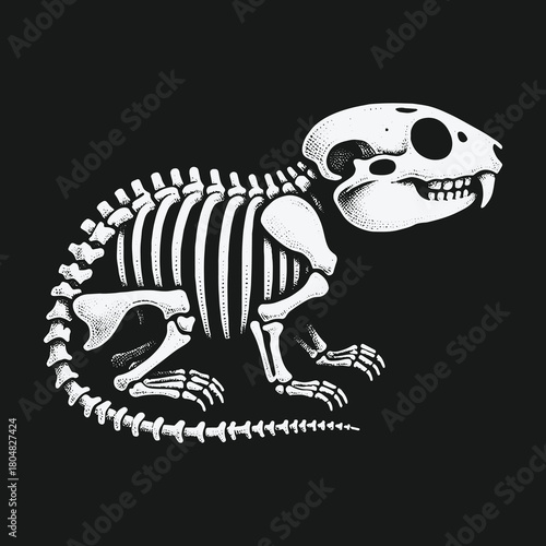 Anatomical Illustration of a Rodent Skeleton on Black Background.