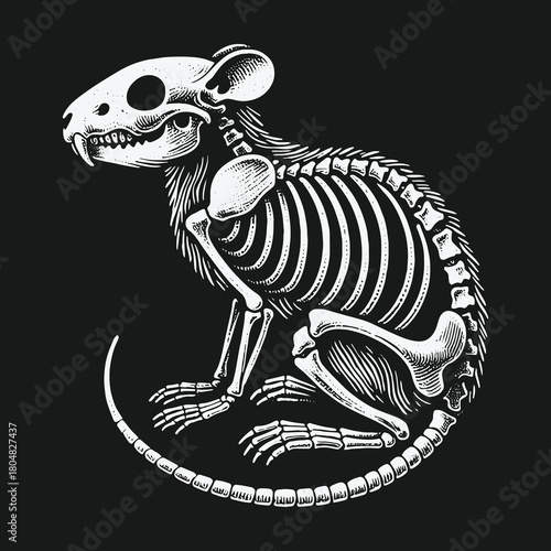 Detailed anatomical illustration of a rat skeleton on a black background.