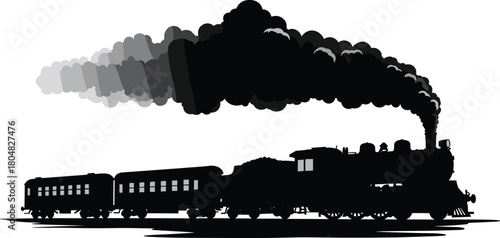 Steam, train, silhouette, locomotive, smoke, passenger, transport, black, white, railway, vintage, engine, travel, freight, motion, classic, icon, graphic, track, transportation