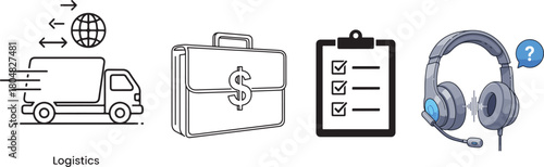 Line Art Icons: Logistics, Finance, Tasks, and Support
