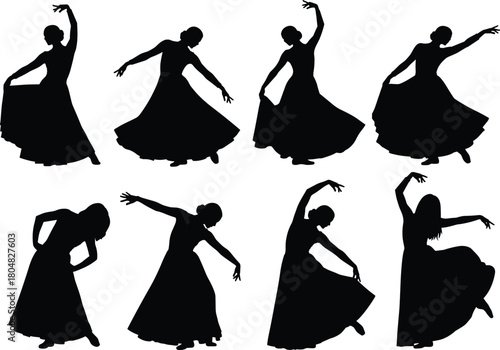 Set of black silhouettes, female flamenco dancer in long dress performing traditional Spanish dance, isolated on white background.