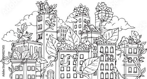 Whimsical Green City Illustration – Urban Buildings Overtaken by Nature