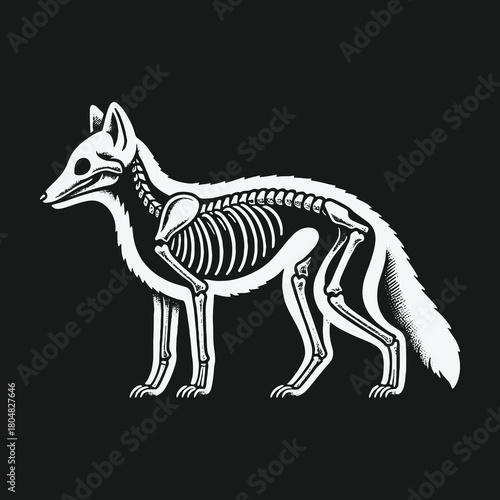 Stylized white fox skeleton anatomy illustration on black background.