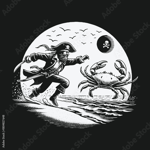 Pirate Captain Chased by a Giant Crab on a Moonlit Beach.
