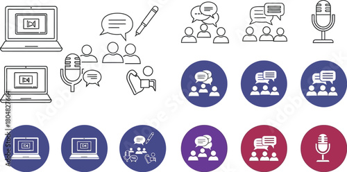 Collection of communication icons representing online meetings, discussion, and broadcasting.