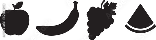 A horizontal line of four bold black vector silhouettes of common fruits: apple, banana, grapes, and a watermelon slice, perfect for food, health, and produce icons