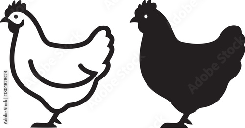 Bold black and white vector icons of a chicken or hen in both solid silhouette and outline styles, perfect for farm, poultry, and food graphic design elements