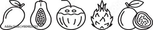 A collection of five minimalist black outline vector icons of exotic fruits (mango, papaya, coconut, dragon fruit, passion fruit), perfect for tropical food and healthy eating graphics
