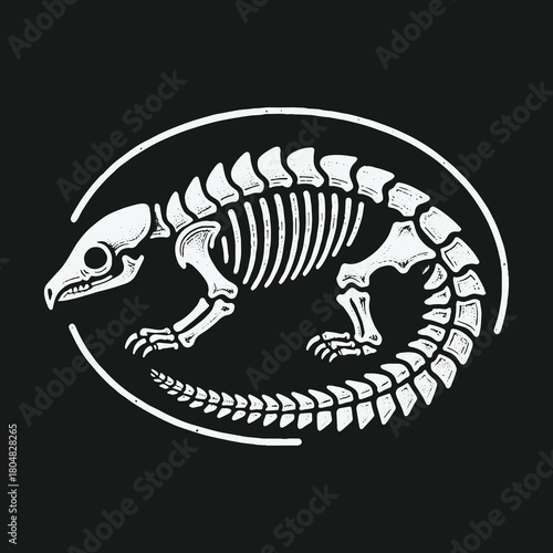 Monochrome illustration of an animal skeleton curled inside an oval frame.