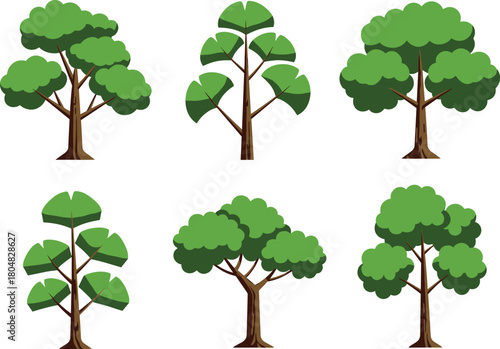 Stylized tree illustration set, green foliage variations, geometric leaf patterns, forest design, seasonal growth, botanical artwork, natural landscape, environmental concept