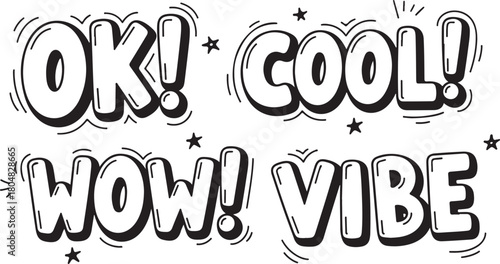 Playful Hand-Drawn Comic Text Illustration Featuring OK, COOL, WOW, and VIBE