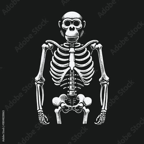 Vintage Engraving Style Monkey Skeleton Illustration Isolated.