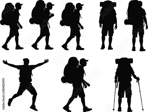 Collection of black silhouettes showing hikers and backpackers walking with heavy equipment, isolated on white background, vector illustration.