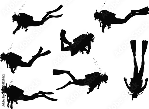 Collection of black silhouettes showing scuba divers swimming underwater with equipment and bubbles, isolated on white background, vector illustration.
