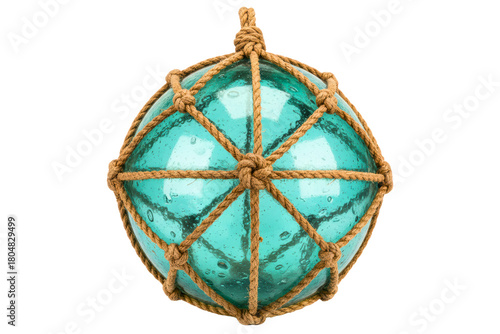 Vintage glass fishing float with knotted rope netting isolated on a transparent background