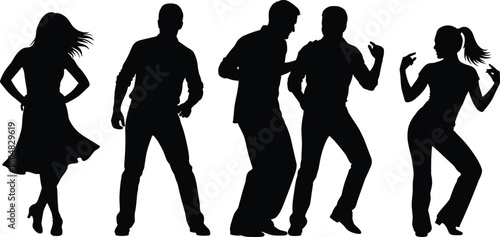 Black silhouettes of dancing people, group of men and women having fun at party isolated on white background