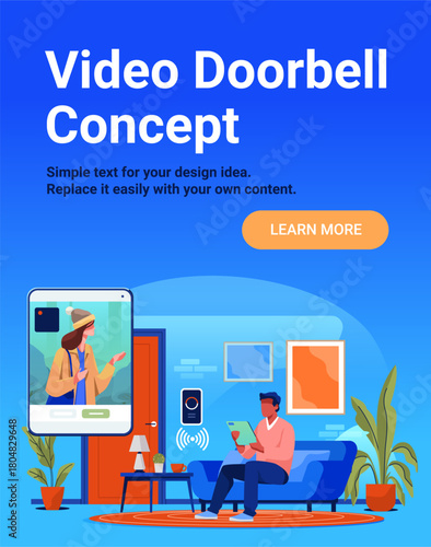 Video doorbell concept smart home security man using tablet living room interior large screen showing visitor wireless technology modern apartment