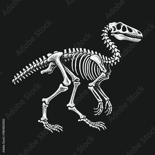 Detailed scientific illustration of a raptor dinosaur skeleton anatomy.