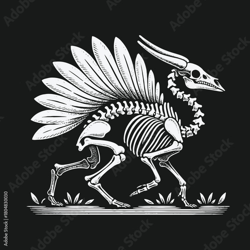 Intricate black and white illustration of a mythical horned creature skeleton with large feathered wings.